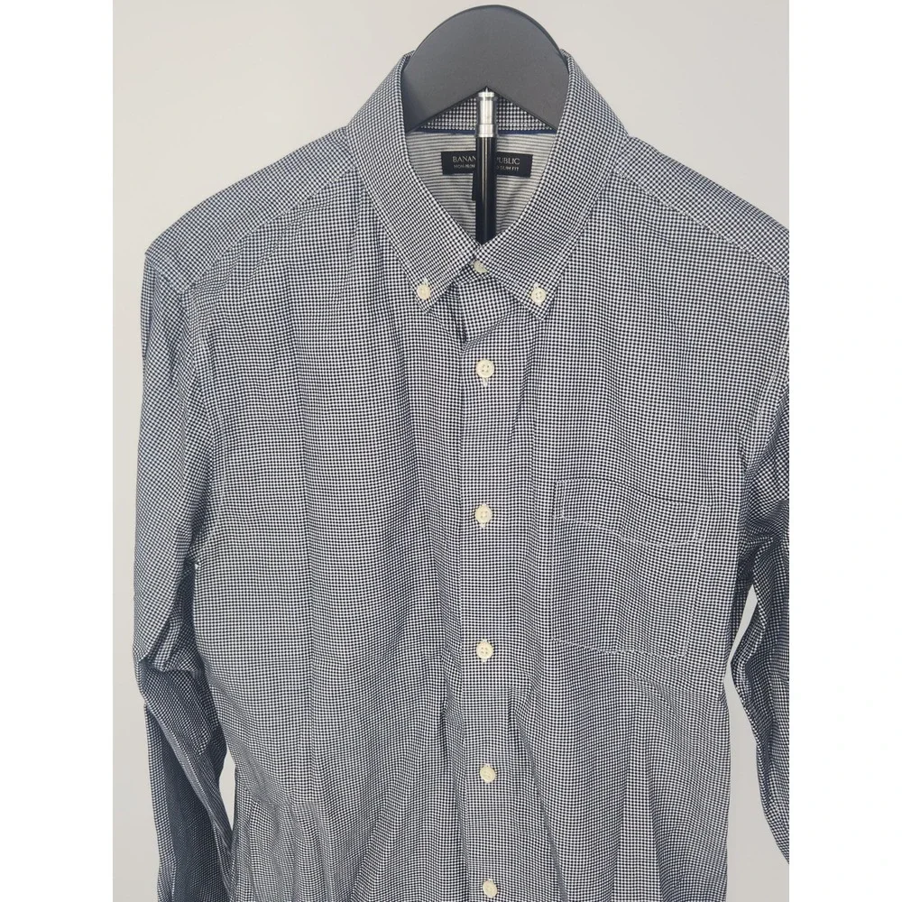 Banana Republic Mens Non-Iron Slim Fit Gingham Shirt Navy Blue M 15-15.5